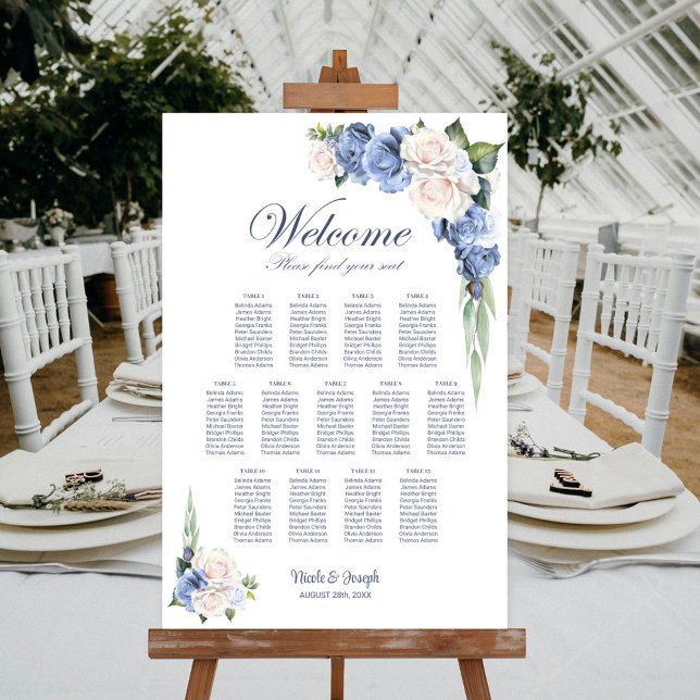 Affiche 13 Table Bleu Blanc Rose Floral Plan de Table de M (Créateur téléchargé)