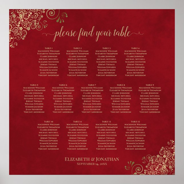 Affiche 13 Table Frilly Mariage Seating Chart Rouge & Or (Devant)