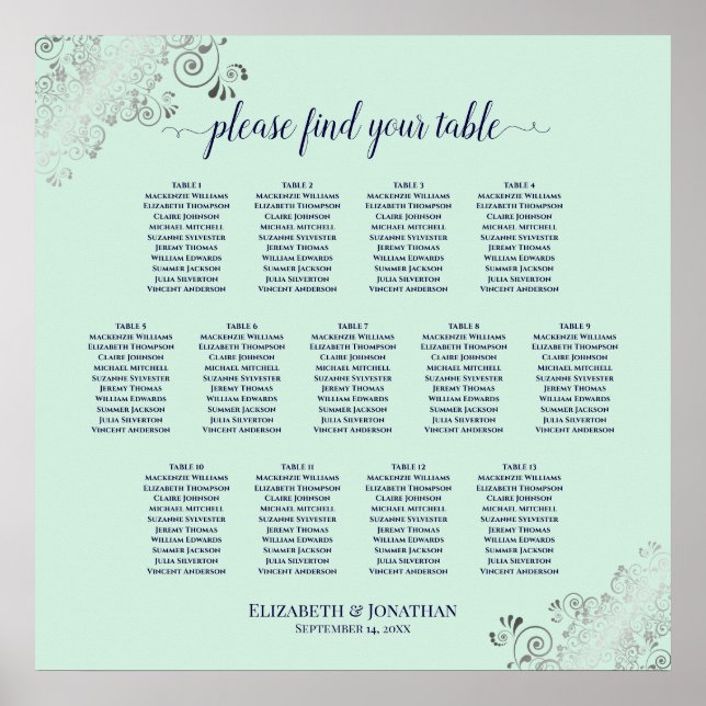 Affiche 13 Table Mint Green & Navy Wedding Seating Chart (Devant)
