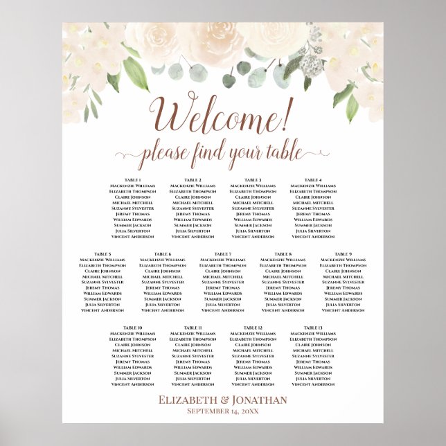 Affiche 13 Table Roses Pêche Pâle Mariage Plan de Table (Devant)