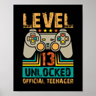Affiche 13th Birthday Gift Boys Level 13 Unlocked Official