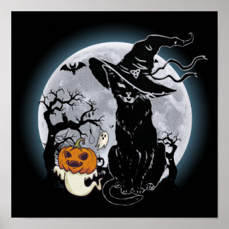Affiche 14 Halloween Chat noir sorcier Citrouille Horreur