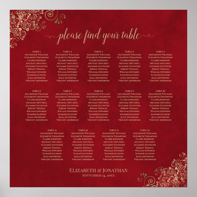 Affiche 14 Table Frilly Mariage Seating Chart Rouge & Or (Devant)