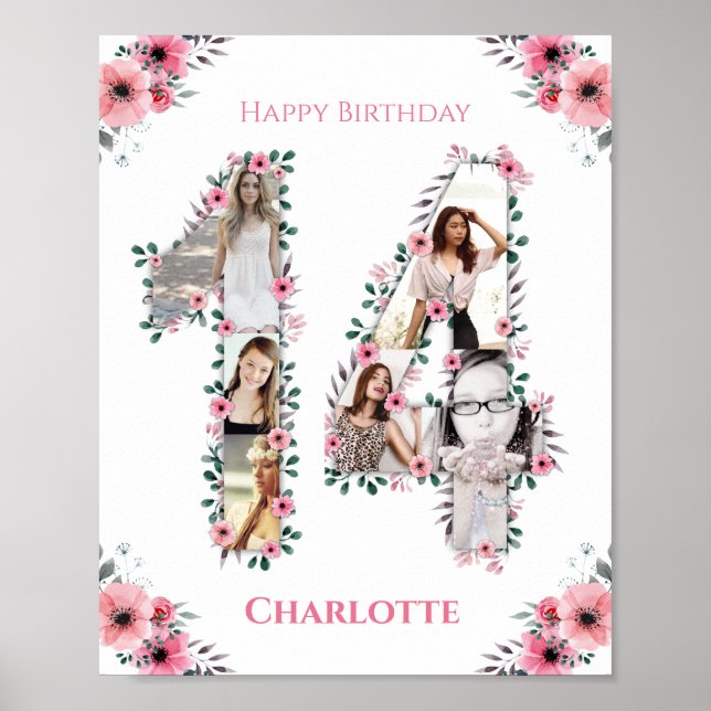 Affiche 14e anniversaire Fille rose Photo Collage Blanc (Devant)