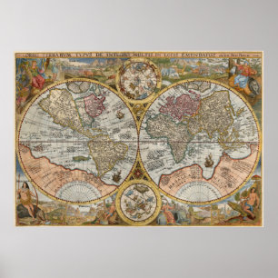Affiche 1594 Orbis Terrarum Typus Double Hemisphere Monde