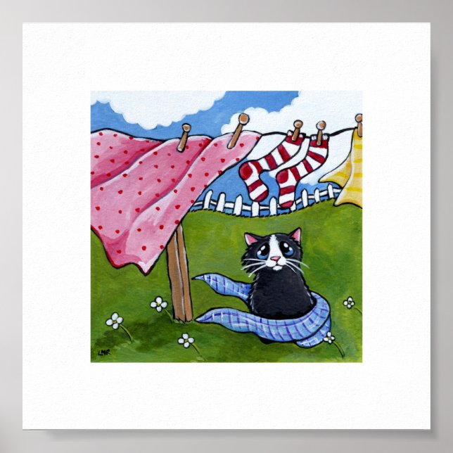 Affiche 15.24x15.24cm | Whimsical Cat Art | Laver le chat (Devant)