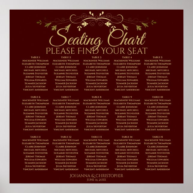 Affiche 15 Table Gold & Auburn Brown Mariage Seating Chart (Devant)