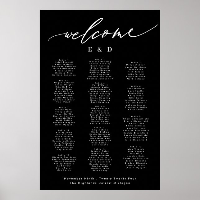 Affiche 15 table Noir Calligraphie Mariage Bienvenue Siège (Devant)