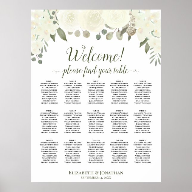 Affiche 15 Table Roses Blanches Ivoire Plan de Table de Ma (Devant)