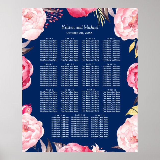 Affiche 15 Tables Pink Floral Wreath Wedding Seating Chart (Devant)