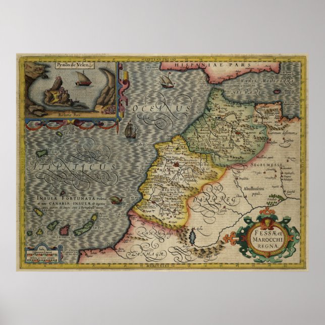 Affiche 1606 Carte Fès et le Royaume du Maroc par Hondius (Devant)