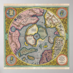 Affiche 1606 Carte Mercator Hondius de l'Arctique