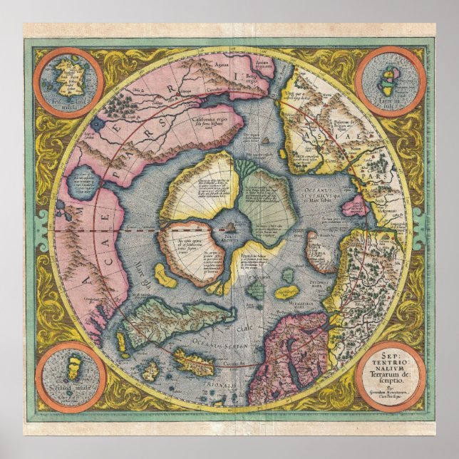 Affiche 1606 Carte Mercator Hondius de l'Arctique (Devant)