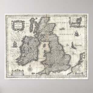 Affiche 1631 Blaeu Carte de l'Angleterre, l'Écosse et l'Ir