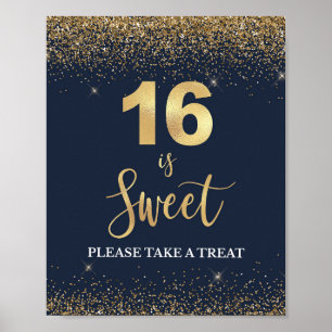 Affiche 16 is Sweet Please Take a Treat Navy & Gold Sign
