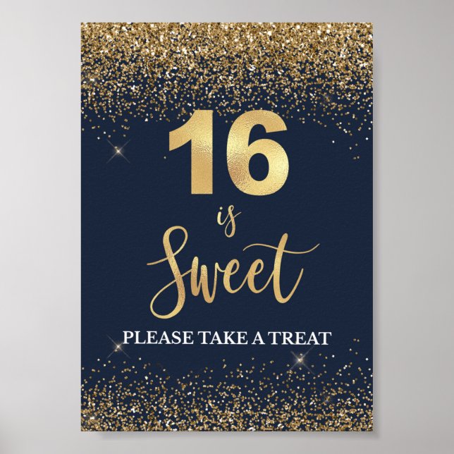 Affiche 16 is Sweet Please Take a Treat Navy & Gold Sign (Devant)