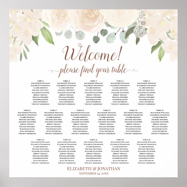 Affiche 16 Table Blush Peach Roses Wedding Seating Chart (Devant)