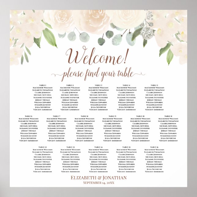 Affiche 16 Table Blush Peach Roses Wedding Seating Chart (Devant)