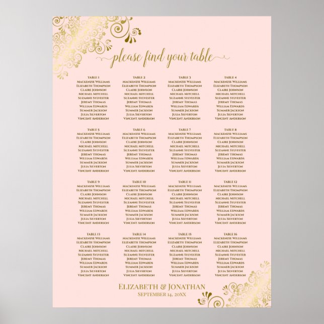 Affiche 16 Table Blush Pink & Gold Wedding Seating Chart (Devant)