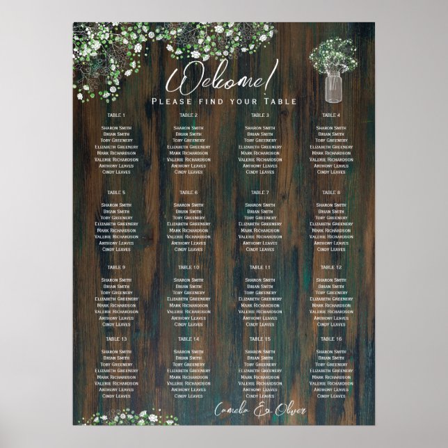 Affiche 16 Table Bois rustique Gypsophila SEATING CHART Mo (Devant)