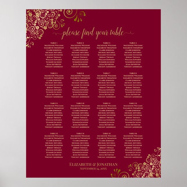 Affiche 16 Table Elegant Burgundy & Gold Seating Chart (Devant)