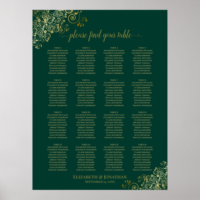 Affiche 16 Table Emerald Green Wedding Seating Chart Gold (Devant)