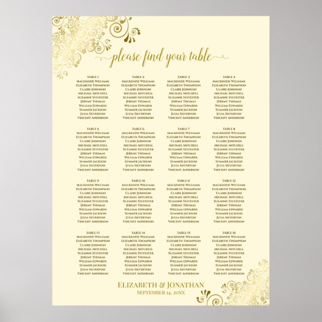 Affiche 16 Table Gold Frills Wedding Seating Chart Cream (Devant)