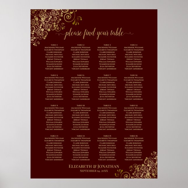 Affiche 16 Table Lacy Gold Wedding Seating Chart Auburn (Devant)