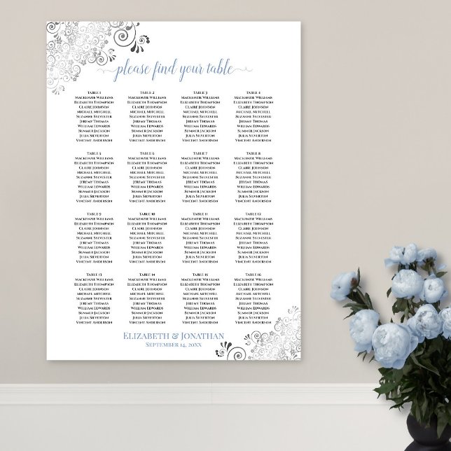 Affiche 16 Table Mariage Élégant Plan de Table Blanc & Ble (In Situ on Wall with Flowers)
