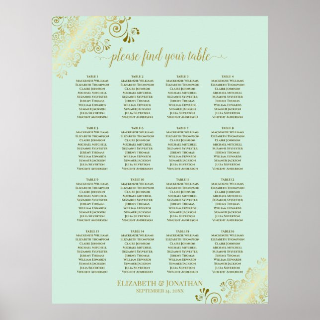 Affiche 16 Table Mint Green & Gold Wedding Seating Chart (Devant)
