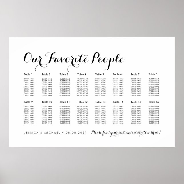 Affiche 16 Table Plan de Siège Élégant pour Invités de Mar (Devant)