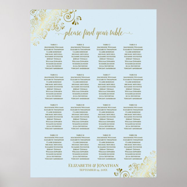 Affiche 16 Table Powder Blue & Gold Wedding Seating Chart (Devant)