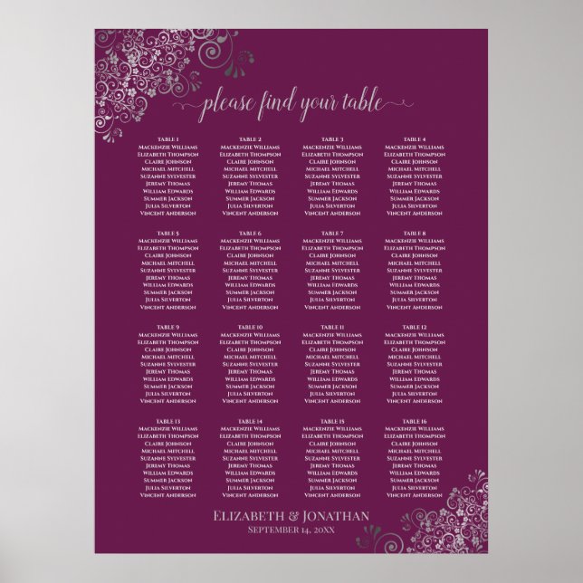 Affiche 16 Table Silver on Cassis Wedding Seating Chart (Devant)