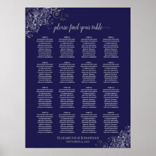 Affiche 16 Table Silver on Navy Blue Wedding Seating Chart