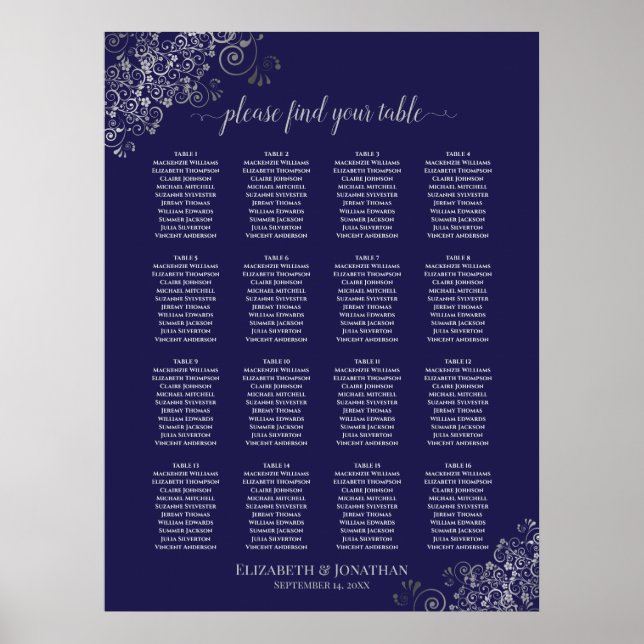Affiche 16 Table Silver on Navy Blue Wedding Seating Chart (Devant)