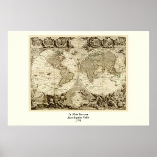Affiche 1708 World Map by Jean Baptiste Nolin