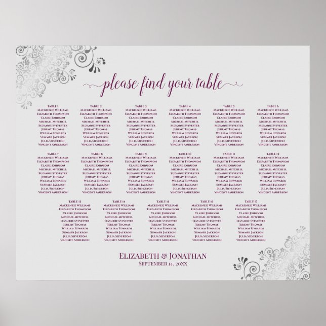 Affiche 17 Table Cassis on Gray Wedding Seating Chart (Devant)