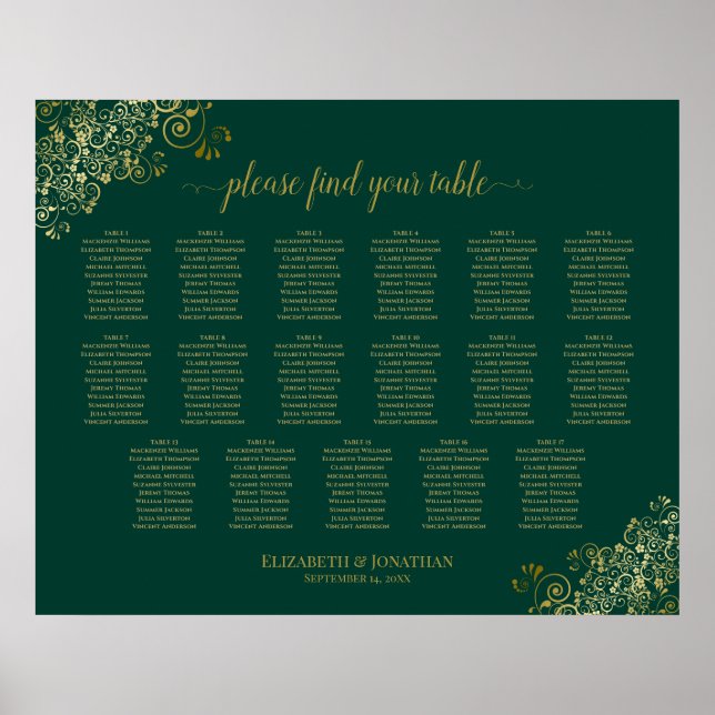 Affiche 17 Table Emerald Green Gold Wedding Seating Chart (Devant)