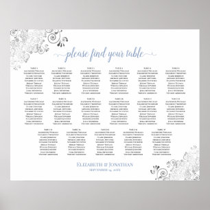 Affiche 17 Table Frilly White Wedding Seating Chart Blue