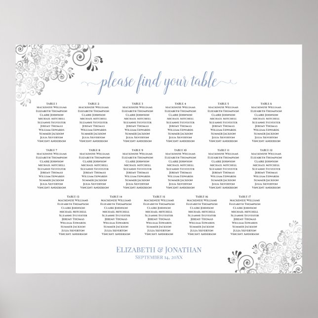 Affiche 17 Table Frilly White Wedding Seating Chart Blue (Devant)