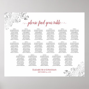 Affiche 17 Table Frilly White Wedding Seating Chart Red