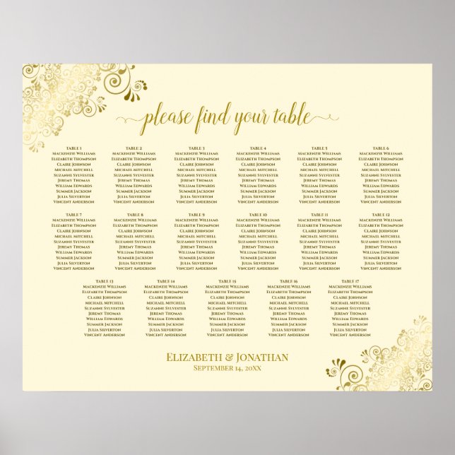 Affiche 17 Table Gold Frills Cream Wedding Seating Chart (Devant)
