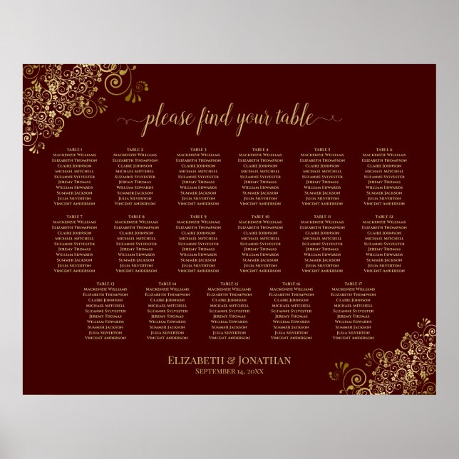 Affiche 17 Table Lacy Gold Auburn Wedding Seating Chart (Devant)