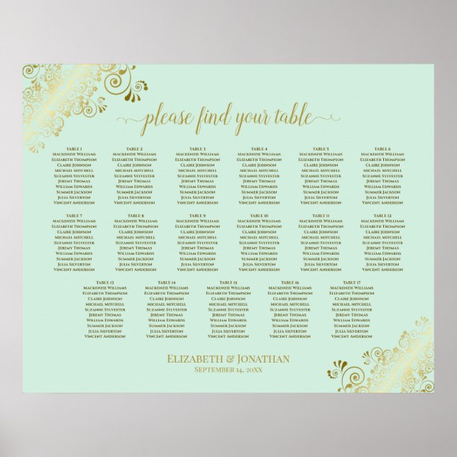 Affiche 17 Table Mint Green & Gold Wedding Seating Chart (Devant)