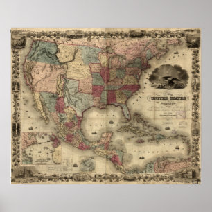 Affiche 1850 Carte des États-Unis d'Amérique