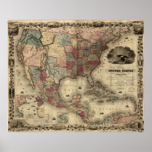 Affiche 1850 Carte des États-Unis d'Amérique (Devant)