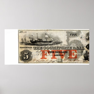 Affiche 1853 Five Dollar Cochituate Bank Note