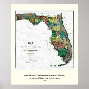 Affiche 1856 Carte de l'État de Floride par Columbus Drew