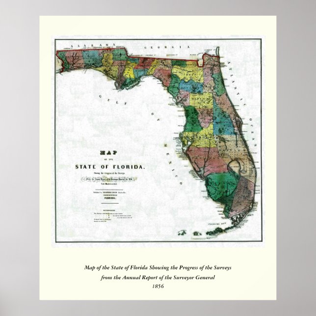 Affiche 1856 Carte de l'État de Floride par Columbus Drew (Devant)