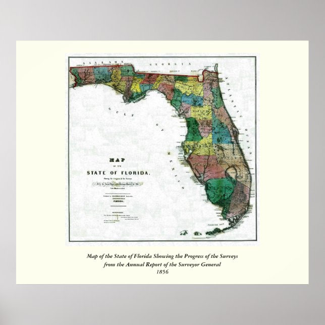 Affiche 1856 Carte de l'État de Floride par Columbus Drew (Devant)